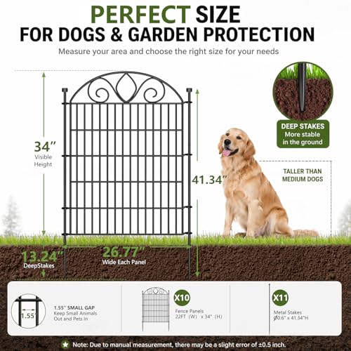 No Dig Garden Fence Outdoor for Yard, 10 Panels | 34in(H) x22ft(L) Rustproof Metal Animal Barrier, Temporary Dog Fence, Decorative Fencing for Flower Bed, Patio, and Pet - size: 34 in(H) X 22 ft(L)