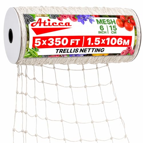 ATICCA Trellis Netting 5 x 350 ft Heavy Duty Polyester Plant Support Netting White - 6 Inch Garden Rope Trellis on Roll - Mesh Twine for Growing Vine Climbing Plants, Flowers, Peas, and Tomatoes - size: 5x350ft Polyester Trellis Netting