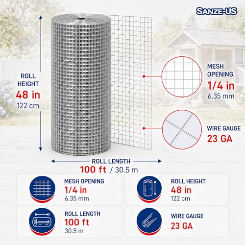 Sanzeus Hardware Cloth, 1/4 Inch 48in x 100ft 23 Gauge, Double-Layer Hot-Dip Galvanizing After Welding, Chicken Wire Fence Wire Mesh Poultry Netting Garden Fence Tree Guard Rolls - size: 1/4inch 48in×100ft
