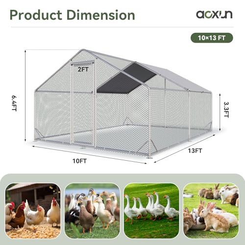 Aoxun Metal Chicken Coop, Outdoor Chicken Runs for Yard with Cover, Spire Roof Hen House Enclosure with Security Lock, Walk-in Cage Peak Hen House for Yard Farm (10x13x6.4 FT) - size: 156.0"L x 120.0"W x 76.8"H