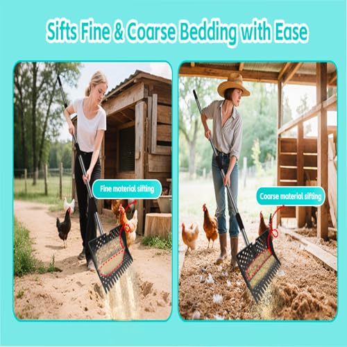 12" 2-in-1 Chicken Poop Scooper & Rake (US Patent No. D1124534), 3-Shape Sifting Holes Chicken Coop Rake, Stainless Steel Handle (20–61") - Litter Scoop Sand & Sifting Shovel (Black) - color: Black