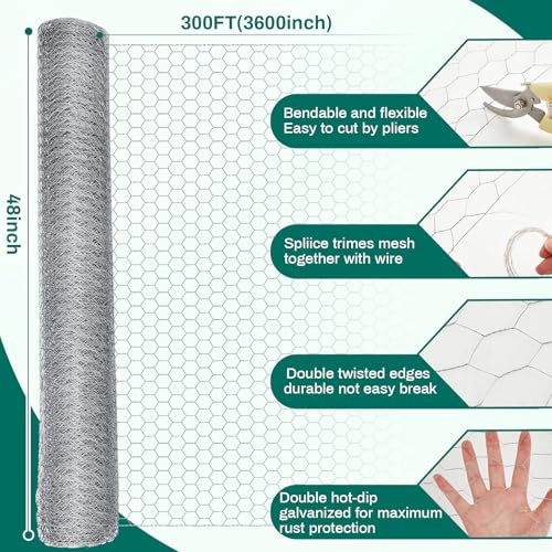 GlikCeil 48 in x 300 ft Chicken Wire Mesh Fencing for Floral Garden, 23 Gauge Silver Galvanized Steel Wire, 1 Inch Hexagonal Hardware Cloth Netting for Farm Crafts Poultry Coop Barrier Rabbit Cage - color: Silver, size: 48 in x 300 ft