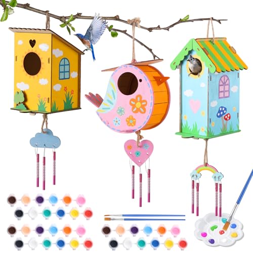 JMMICO 3 Pack Bird Houses Kits for Kids, Wooden Painting Arts and Crafts for Kids Ages 8-12, Build & Paint Your Own Bird Houses and Wind Chime Kits, Toddlers Easter Gifts for Girls Boys - size: 3PCS