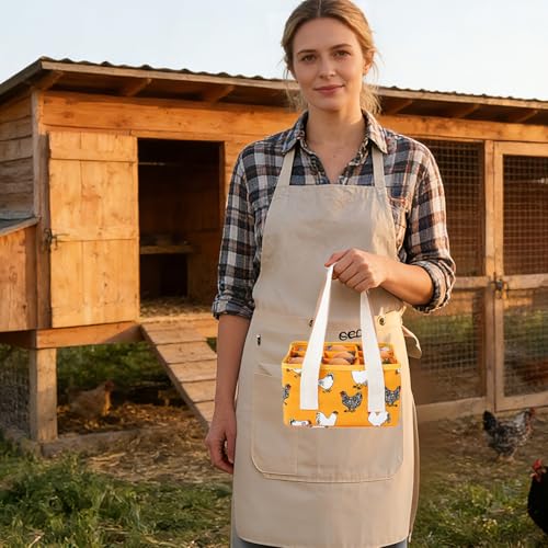 Eggs Collecting Basket, Durable Canvas Egg Basket with Plastic Board, 9-Pouch Chicken Egg Holder Bag for Gathering Fresh Eggs, Egg Gathering Basket and Multipurpose Chicken Holder Bag (Yellow)