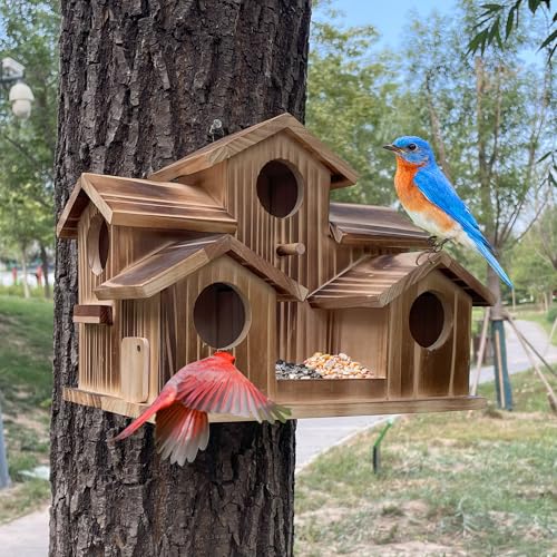 Bird House for Outside 5 Hole Bird Houses Room for 5 Bird Families Large Bird House for Garden/Courtyard/Backyard for Garden Decor-Finch Bluebird Cardinals Handmade Wooden Hummingbird House - style: Castles