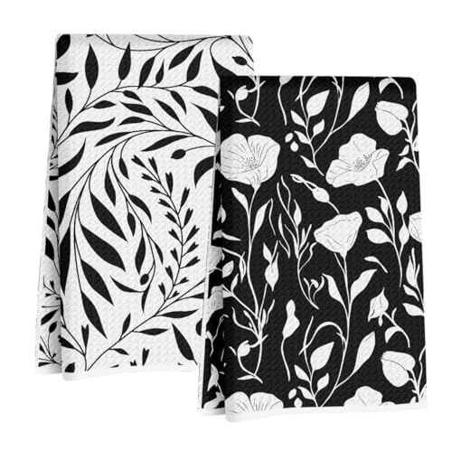 2 Pcs Black White Flower Kitchen Towels, Floral Seamless Waffle Hand Towel | Absorbent Microfiber Dish Cloth Tea Towel for Kitchen Bathroom Decor, Housewarming Gifts for Women 24x14 Inch - color: Multi 1376
