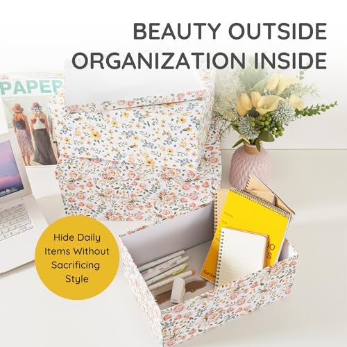 Soul & Lane - Summer Bouquet Decorative Storage Boxes with Lids, Set of 3 | Large Nesting Keepsake Boxes for Memories, Photos and Gifts, Cute Pink Floral Containers for Keepsakes and Organizing - color: Summer Bouquet