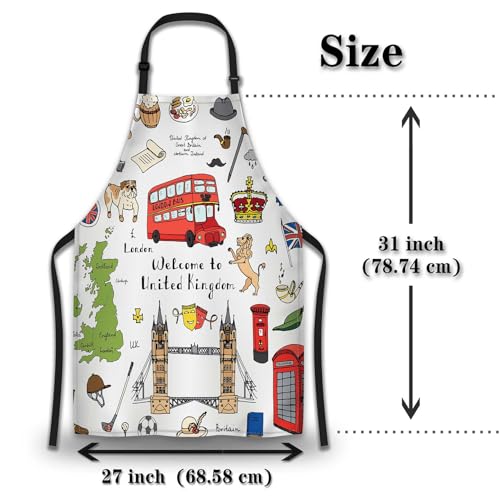 Barista Apron Women London Elements British Symbols Fun Aprons for Men for Kitchen Cooking Restaurant BBQ Painting Crafting Gardening 27” (W) x 31” (H), Waterproof Apron - color: London Elements Symbols