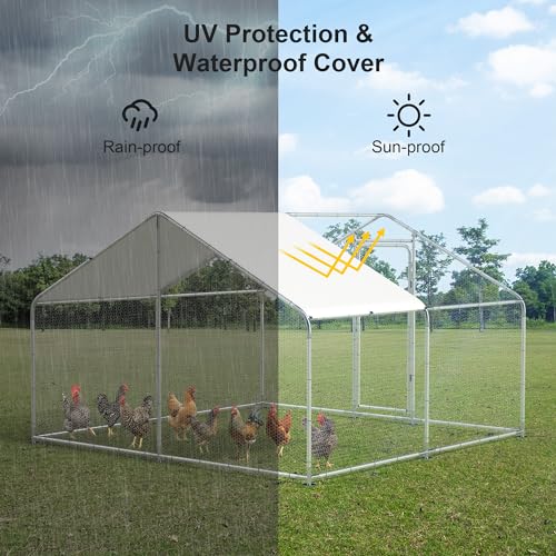 Large Metal Chicken Coop, 10'x10'x6.6' Walk-in Poultry Cage Outdoor Chicken Run Pen w/Waterproof & Anti-UV Cover, Hen House w/Security Lockable Door for Farm Backyard Duck Rabbit Cage Spire Roof - size: 120.0"L x 120.0"W x 79.0"H