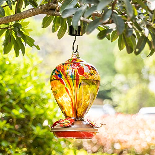 2 Packs Hummingbird Feeder for Outdoors Hanging Ant and Bee Proof, 34OZ 32OZ Hand Blown Glass Hummingbird Feeders for Outside (Yellow & Blue) | LaElvish Garden 2 Packs Hummingbird Feeder for Outdoors Hanging Ant and Bee Proof, - color: Yellow & Blue