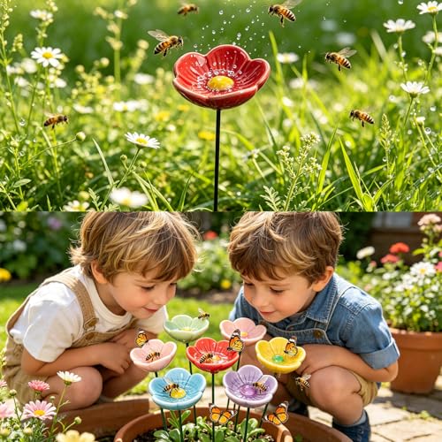6pcs Ceramic Mini Pollinator Watering Station for Garden Flower Shaped bee & Butterfly Water Drinking Cups Bath Feeder Outdoor Garden Stake Decor