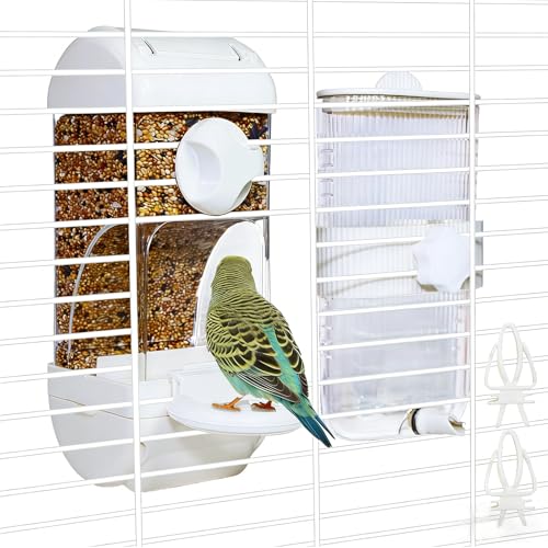 Automatic Bird Feeder Waterer Kit Bird Cage Hanging Waterer Parakeet Leak-Proof Feeder Parrot Vegetable Clips Cage Accessories for Budgies Lovebirds Finches Canaries Parrotlets Conures (White) - color: White