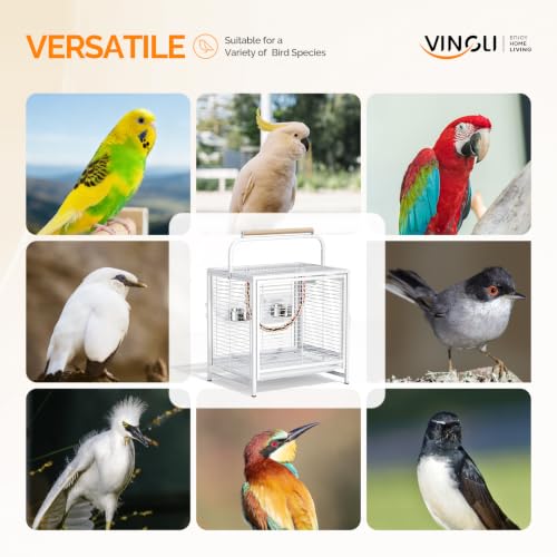 VINGLI Small Bird Cage, 19 inch Travel Carrier Bird Cage with Handle, Wrought Iron Parakeet Cage with Wooden Perch for Parrot Lovebirds Finches Small/Medium Birds (White) - color: White