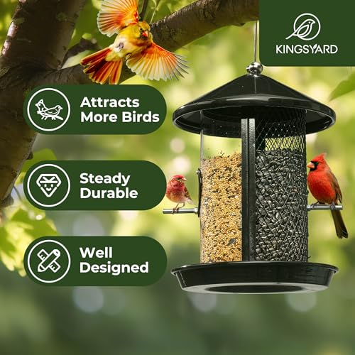 Kingsyard Metal Bird Feeders for Outdoors Hanging, Tube Bird Feeder | 4 lbs Capacity, Dual Chamber Design, 2 perches & 360 Degree Perch, Weatherproof, Chew-Proof, Easy to Clean & Refill, Black