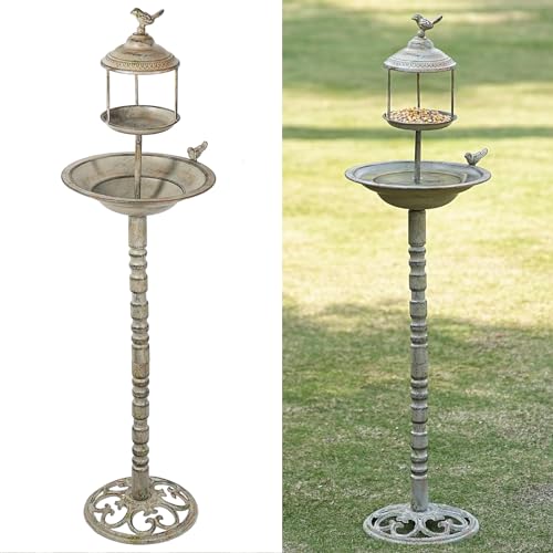 44.5" H 2 in 1 Metal Bird Bath, Standing Bird Feeder Garden Yard Decor | 2-in-1 weatherproof metal bird bath, functional standing bird feeder, exquisite decor for backyard garden and yard - color: Retro-D