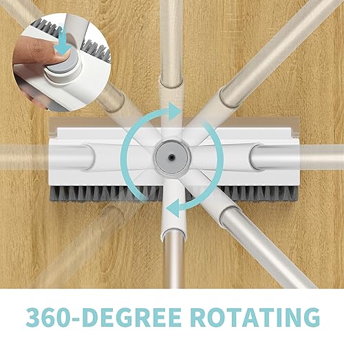 AIR U+ Floor Scrub Brush with Long Handle, 3-in-1 Rotating Head & Squeegee | Stiff Dual-Sided Bristle Scrubber for Shower, Bathroom, Kitchen and Patio, 30–50 In Handle for Easier Stand-up Cleaning - color: White, size: 1 PACK