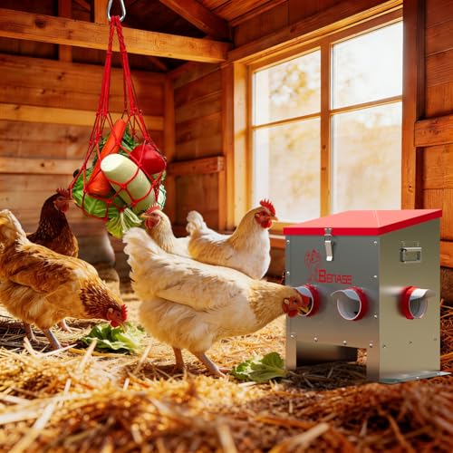 40LB Automatic Chicken Feeder, No-Waste Metal Poultry Feeder with 6 Ports, Predator-Proof Latch & Weatherproof Design, Includes Anti-Tip Ground Stakes & Vegetable Hanging Feeder - size: 40LB-6 Ports