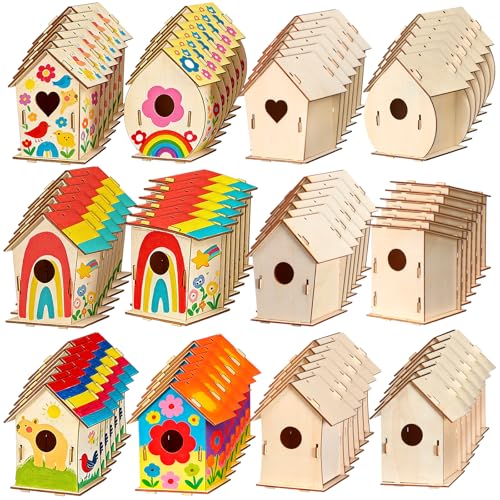 48 Pack Wooden Bird Houses to Paint DIY Crafts Unfinished Birdhouse Bulk Build Art Painting Bird House Sets Hanging Ornaments for Tree Crafts Project Creative Activity Party Gifts