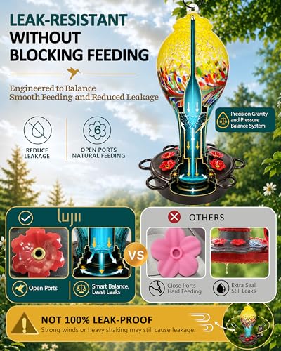 LUJII Smart Hummingbird Feeder with Camera for Outdoor Hanging, Hand Blown Glass, Solar WiFi Feeder with Live View App, 6 Feeding Ports, Leak-Resistant Design, Ant Moat & Gift Box, 36 fl oz, Yellow - color: Yellow, size: X-Large