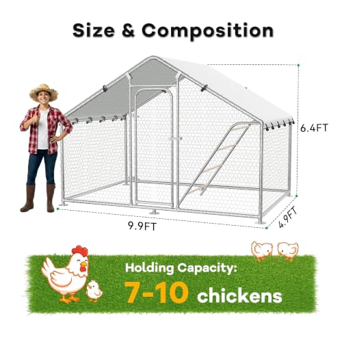 10 x 4.9 x 6.4 FT Metal Chicken Run, Chicken Coop with Cover | Reinforced frame, Walk-in Chicken Coop, Waterproof Cover, Side Hardware Cloth, Roosting Perch, Backyard & Farm Use - size: 59.9"L x 118.0"W x 78.0"H