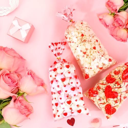 Soarvita 100PCS Valentine Goodie Bags – 5 x 11 Inch Red Heart Valentine Cellophane Treat Bags with 110 Twist Ties, Valentine's Day Candy Bags for Kids Classroom Exchange, Cookies, Gifts & Party Favors - color: Valentines-100pcs