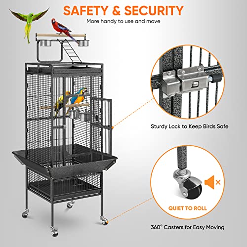 61 inch Iron Bird Cage, Play Top Parrot Cage with Rolling Stand for Parrot Cockatiels Parakeet Cage Macaw Finch Cockatoo Perch Pet House, Black - size: 25.6"L x 25.6"W x 61.0"H