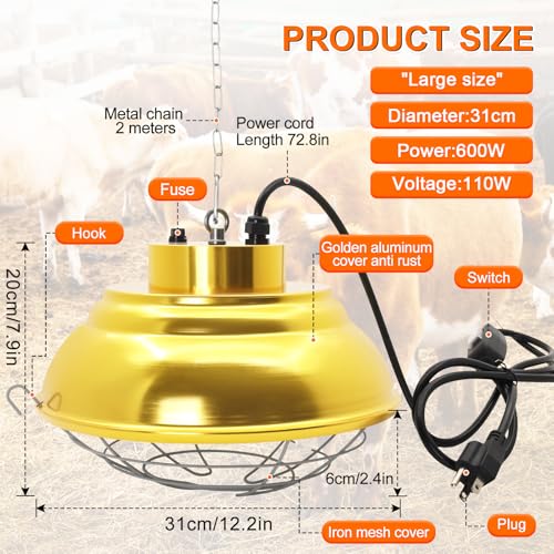 Heat Lamp for Chickens 600W/300W, Carbon Fiber Hanging Chicken Coop Heater | Adjustable Dual Mode/Hanging Height Waterproof Brooder Heater Aluminum Alloy Safety Lamp for Chicks, Poultry, Livestock, Pets - size: 600 Watt