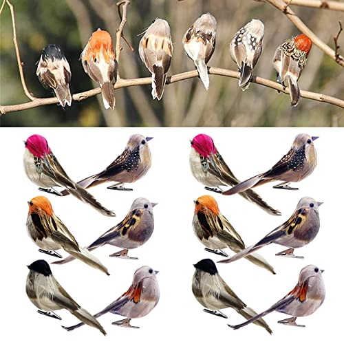12pcs Artificial Birds Clip on Birds Christmas Tree Decoration Artificial Sparrow Realistic Birds Fake Faux Feather Foam Birds for Yard Patio Wreath Designs Garden Decor