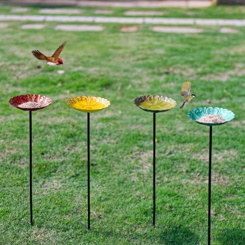 DREAMSOUL Flower Bird Bath Stake, Small Bird Bath for Outside, 4 Pack | Delicate Flower Appearance, Solid Metal Birdbath Set, Compact Size, Lovely Present for Bird Lovers for All Garden Decor - size: 4PCS