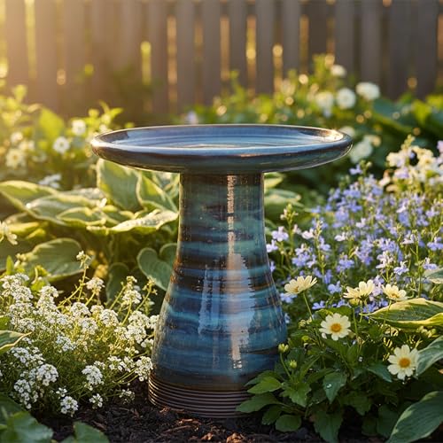 Sunnydaze Ceramic Bird Bath for Outside, Hand-Painted, 21” H, Galaxy Blue | UV & Frost-Resistant, 1 Gal Water Capacity, 2-Piece Assembly, Colorful Outdoor Accent, Outdoor Bird Bath, Ceramic Birdbath - color: Galaxy Blue