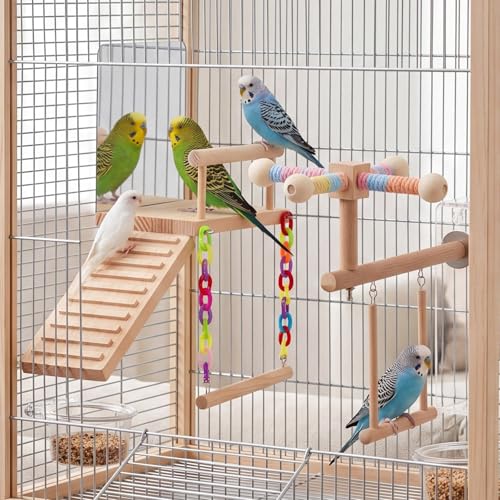 2 Pcs Bird Parakeet Toys, Bird Perch Platform Swing Mirror Ladder with 360° Spin Function, Hanging Parakeet Swing Birds Cage Accessories Toys for Cockatiel Lovebird Parrot
