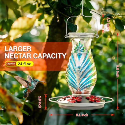 Hummingbird Feeder for Outdoors, 24oz Glass Nectar Feeder with Perch & 5 Flower Feeding Ports, Leakproof Hanging Bird Feeder for Garden Yard Decor, Outside Gifts for Women & Mom, Sky Blue - color: Sky Blue