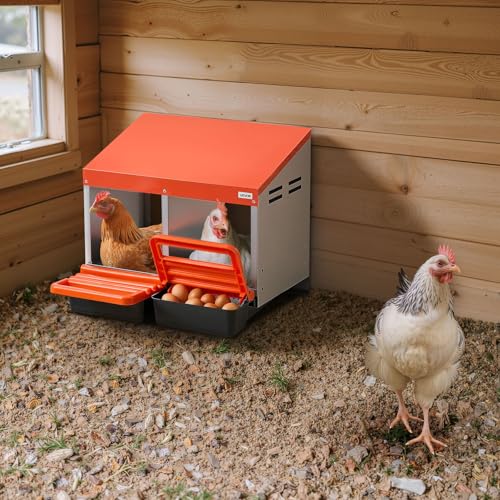 VEVOR Chicken Nesting Boxes, 2 Compartments, Easy Egg Collection, Wall Mount, Easy to Assemble, Galvanized Steel and High-Strength Plastic, Roll Away Nesting Boxes for Chickens Laying Eggs, Orange - size: 21.1"L x 20.7"W x 18.7"H