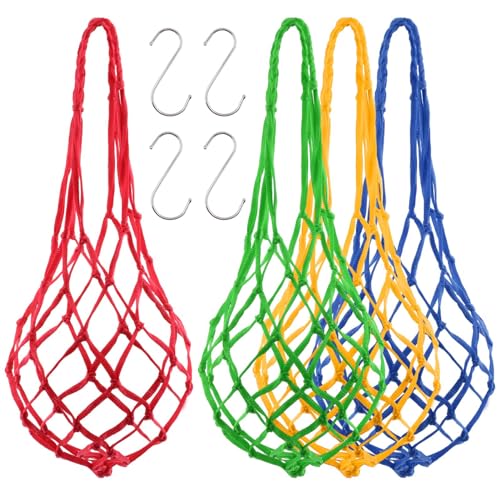 4pcs Chicken Vegetable Hanging Feeder Polyester Chicken Vegetable String Bag with Metal Hooks in Coop Veggies Holder Feeding for Poultry, Hens, Duck(4 Colors)