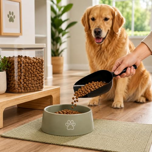 Pet Food Black Scoop, 11.62in Large Plastic Feed Scooper with Ergonomic Handle, Lightweight Food Storage Scoop for Dry Dog Food Cat Food Bird Seed Grain Treats and Bulk Pantry Ingredients