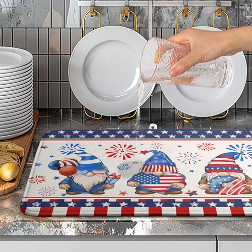 4th of July Dish Drying Mats for Kitchen Counter 18x24 In Memorial Independence Day Patriotic Gnome Stars Microfiber Drying Mat Fourth of July USA Super Absorbent Dish Rack Mat Drying Pad - color: 4th of July Dish Drying Mats-A5-1, size: 18" x 24"