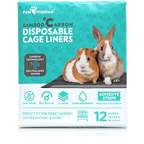 Paw Inspired Disposable Cage Liners, 34x24 Inch (Critter Nation), 12 Count | Bamboo Charcoal Odor Controlling, Super Absorbent Pads For Guinea Pigs, Ferrets, Rabbits, Hamsters, Small Animals - size: 34x24" (Critter Nation) -12 ct