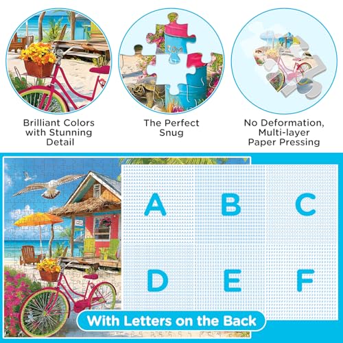 500 Piece Puzzle for Adults, Beach House Jigsaw Puzzle | Colorful Seaside Cottage Puzzle with Palm Trees and Pink Bicycle, Large Piece Puzzles, Fun and Challenging Family Games - style: Red houses on the beach