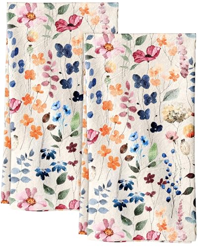 150GSM Flour Sack Kitchen Towels Set of 2, Watercolor Flower | 18"x26", Lightweight, Lint-Free, Pure Cotton, Decorative, with Hanging Loop, Absorbent, Softer after Wash, Giftable Package - color: Wild Flower