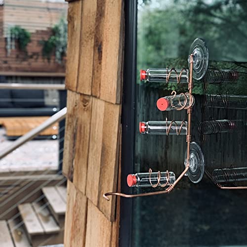 Window Hummingbird Feeder | Handcrafted Copper and Aluminum | Multiple Stations | Modern Hummingbird Feeder | Glass Bottles | Suction Cups (Copper, Four Station) - size: Four Station - Standard Perch