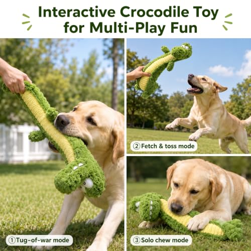 Squeaky Dog Plush Chew Toy, Interactive Tug Squeaky Toy for Chewers, Medium & Large Dogs & Fetch Play, 18.5 In Stuffed Long-Neck Crocodile Toy with Soft Plush Body for Gentle Gum Care & Boredom Relief - color: Green (Long‑Neck Crocodile)