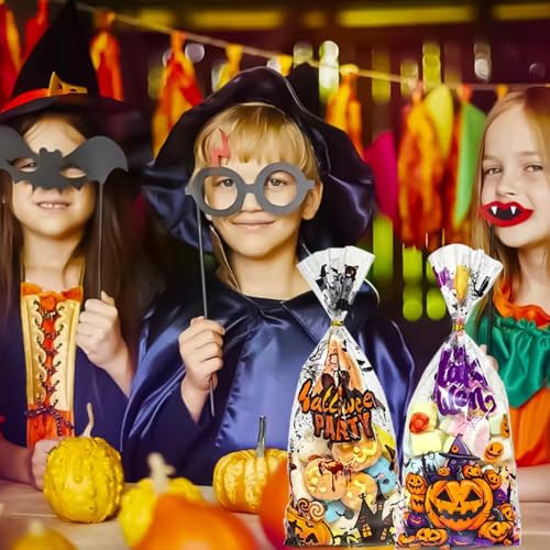 Lhocm Halloween Cellophane Treat Bags, 60PCS Plastic Clear Halloween Candy Cookies Goodie Gift Bags with Ties for Halloweens Trick or Treat Party Favors Supplies, 4 Style - color: Halloween 60pcs
