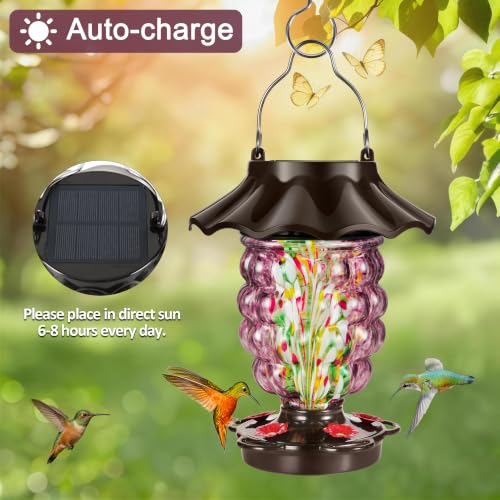 LUJII Solar Hummingbird Feeder for Outdoor Hanging, RGB Illuminated Hand-Blown Glass Lantern, 35 fl.oz, Leak-Free & Rust-Resistant, Metal Cap with 5 Feeding Ports, Pineapple Design, Purple - color: Purple