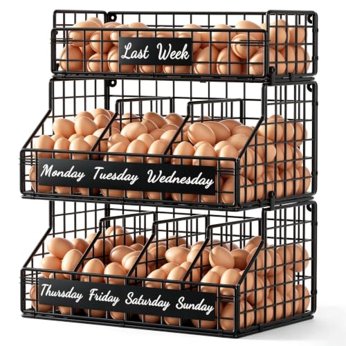 Egg Holder Countertop, Large 3T Chicken Egg Basket for Gathering Fresh Eggs | Egg Storage Organizer with Adjustable 5 Divider & Label, Stackable Wall Mounted Egg Collecting Basket Rack, XXL Black - color: 3T XXL Black