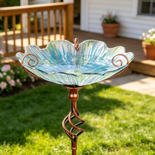 Glass Birdbath Birdfeeder with Metal Stake Garden Yard Outdoor Blue | 31inch height stain glass bird bath for outside,Blue flower bird bath bowl,attract wild birds and beautify outdoor gardens - color: Blue
