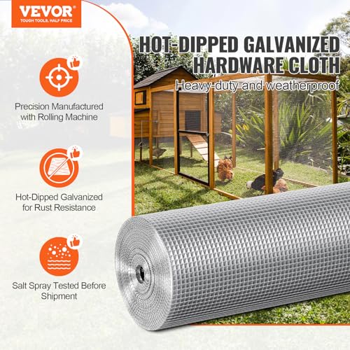 VEVOR Hardware Cloth, 1/4 inch 36in x 100 ft 23 Gauge, Hot Dipped Galvanized Wire Mesh Roll, Chicken Wire Fencing, Wire Mesh for Rabbit Cages, Garden, Small Rodents - size: 36'' x 100'