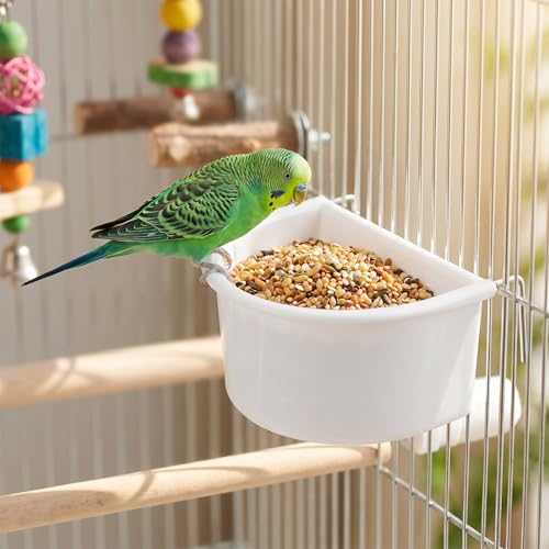 2-Pack Bird Cage Feeder, Plastic Hanging Bird Food Bowl Cups Feeder with Metal Hooks White Food and Water Dispenser Bowl for Small Birds Parakeet Parrots
