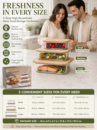 3-Pack Airtight Glass Food Storage Containers with Bamboo Lids | High borosilicate stackable meal prep containers for leftovers. Microwave and dishwasher safe kitchen organization.