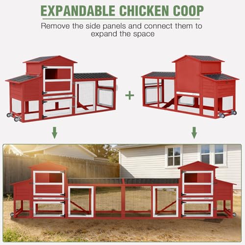 Mobile Chicken Coop with Wheels for 4-6 Chickens, Large Outdoor Hen House with Run, Weatherproof Roof, Sectionable Nesting Box, Pull-Out Tray, 83.3" L x 26" W x 42" H - Red - size: 83.3"L x 26.0"W x 42.0"H