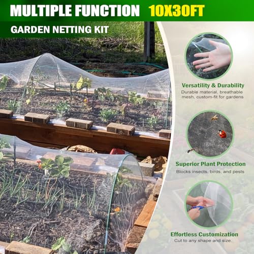 Garden Mesh Netting Kit, 10x30FT White Ultra Fine Netting & 8FT Fiberglass Garden Hoops with Support Bases, Garden Netting with Frame for Raised Beds, Garden Hoops & Netting, Row Cover, Plant Barrier - color: White